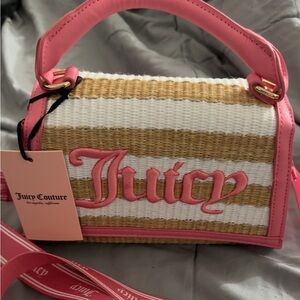 Juicy Couture Pink and Natural Straw Embroidered Top-Handle Satchel